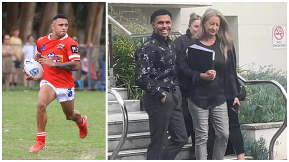 Tyrone Roberts on the field, left, and after his sentence at Wollongong Local Court on Tuesday. 