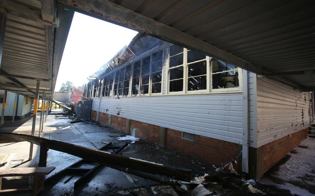 Fire-ravaged classrooms on Saturday afternoon. Photo: Robert Peet