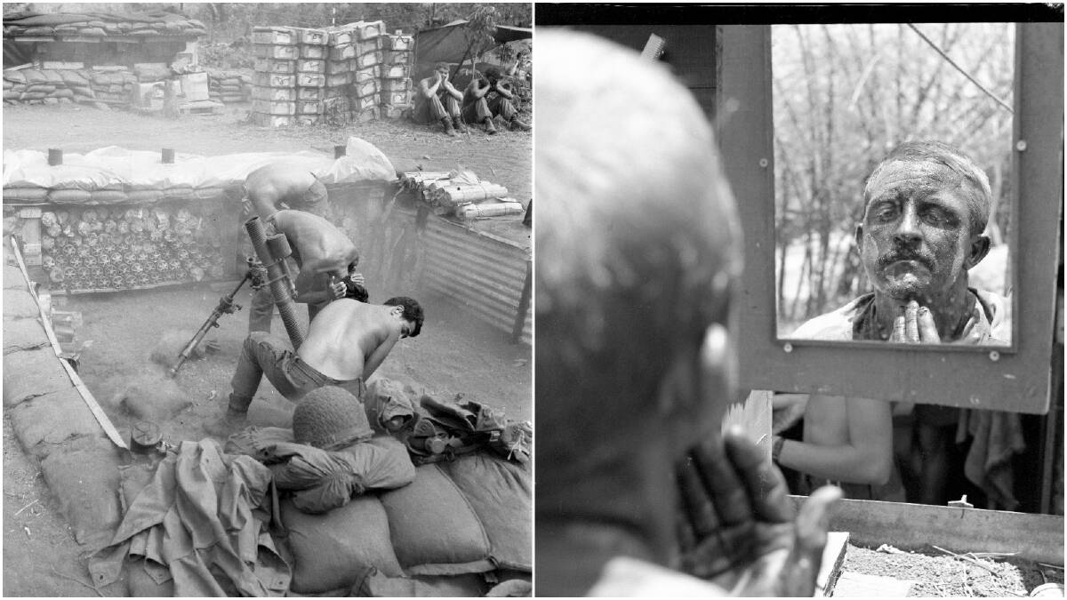 Left: Mortarmen duck the muzzle blast at Fire Support Base Peggy, Phuc Tuy province. Right: Trooper Barry Ainsley of Thirroul, 1 Squadron (SAS), uses coloured creams to camouflage all exposed skin before a patrol. Pictures: John Fairley, courtesy AWM FAI/70/0303/VN.