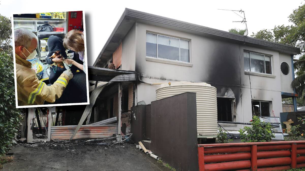 The Minnamurra house that was destroyed by fire on Tuesday, May 7, 2024 and, inset, a firefighter giving Scooby oxygen after he was rescued. Pictures by Robert Peet, supplied