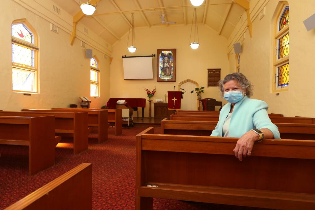 Reverend Roselin Fisher at the Austinmer Uniting Church. A GoFundMe has been launched to help cover the cost of repairs to the 99-year-old building. Picture: Robert Peet.