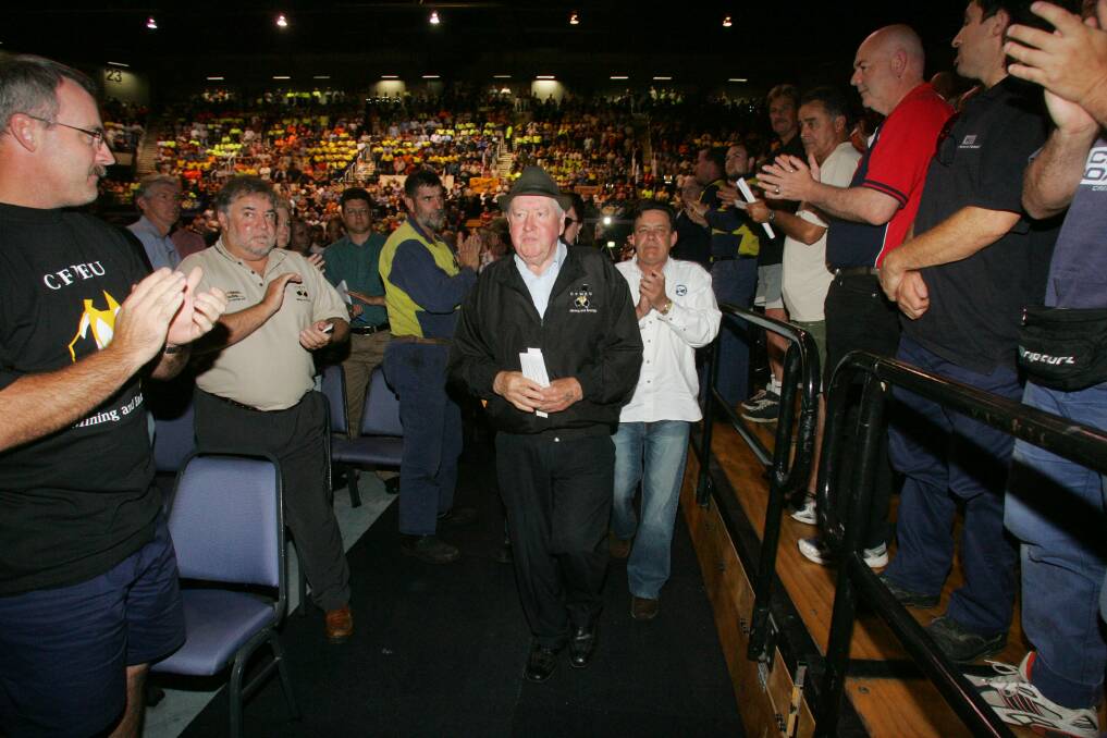 LOVED: Fred Moore receives a standing ovation at the Wollongong Entertainment Centre during the National Day of Action protest in 2005. Picture: Robert Peet.