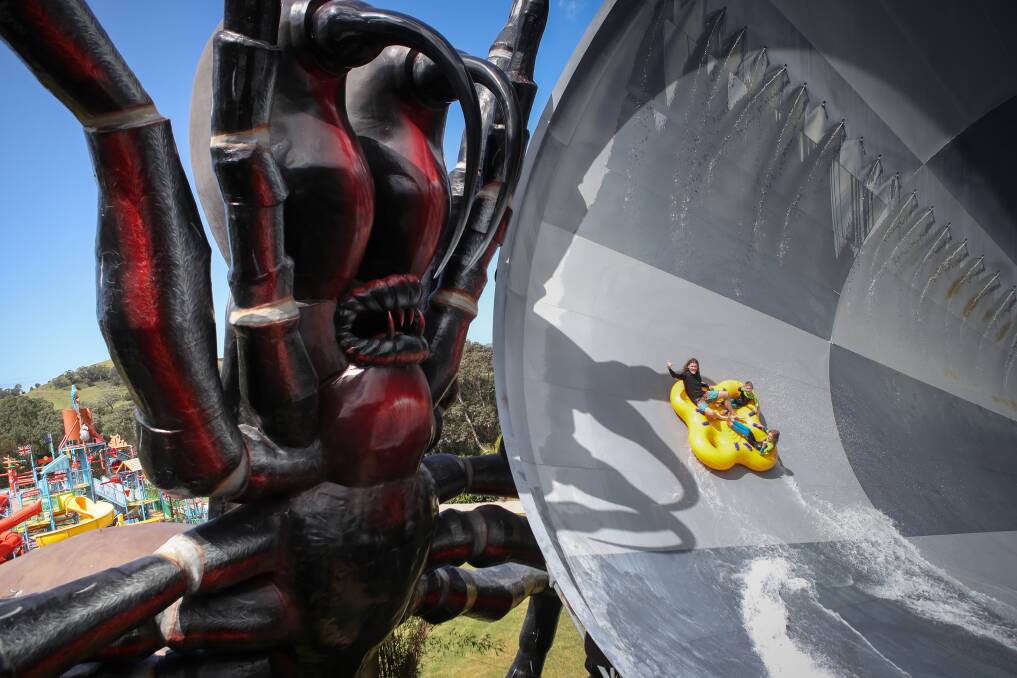 FUN IN THE SUN: Ben Hardie with sons Jasper, 7, and Jonas, 9, riding the Funnel Web at the Jamberoo Action Park. Picture: Adam McLean.
