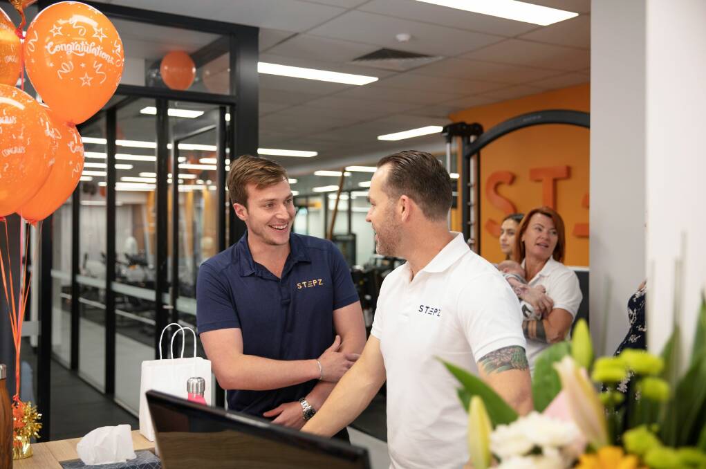 BOOM: Daniel Hotchkis (owner of Stepz Shellharbour) and Sam Waller. Stepz Fitness is one of many new businesses preparing to open when lockdown lifts. Image supplied.