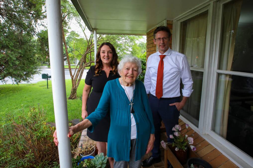 Val Fell isn't afraid to push politicians on the important issues. Pictured here with Alison Byrnes and Stephen Jones at her Figtree home. Picture: Wesley Lonergan.