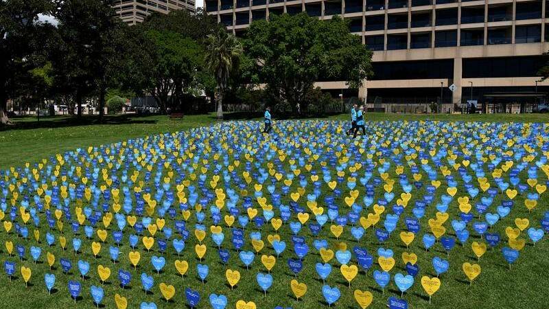 Hearts planted outside NSW parliament in support of the voluntary assisted dying bill.