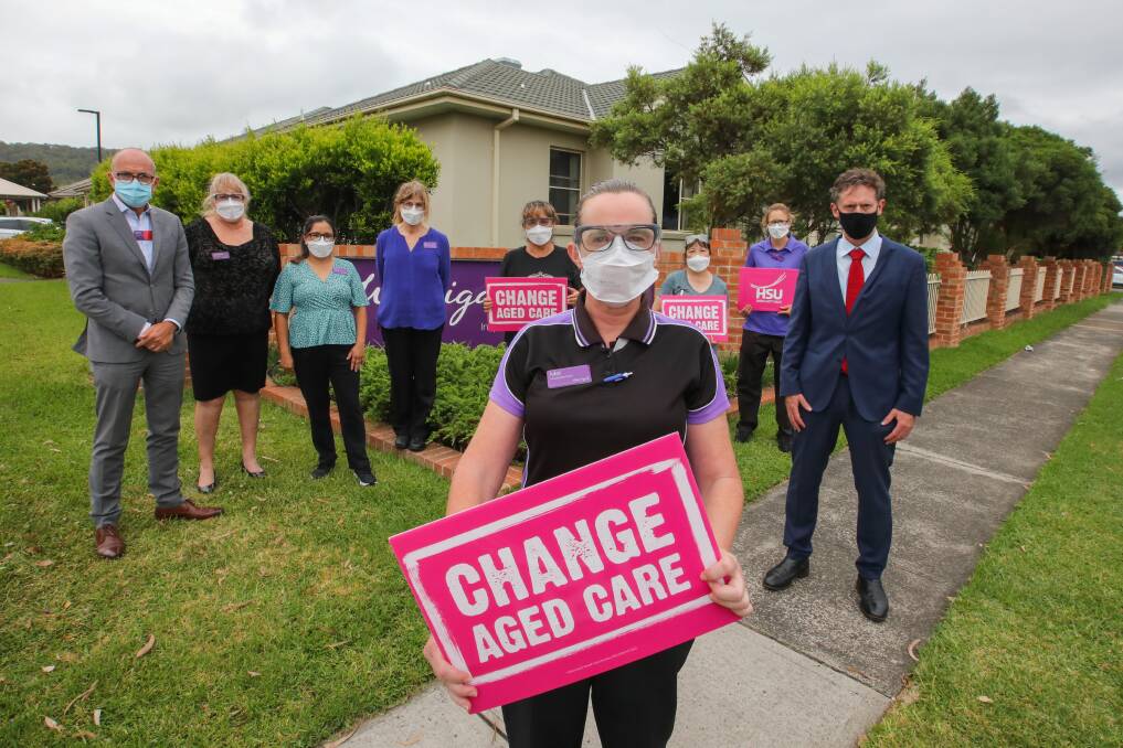 CRISIS: Warrigal Residential Carer Mel Buckman (front) with Warrigal Aged Care CEO Mark Sewell and Stephen Jones MP want the federal government to do more to support the aged care sector. Picture: Wesley Lonergan