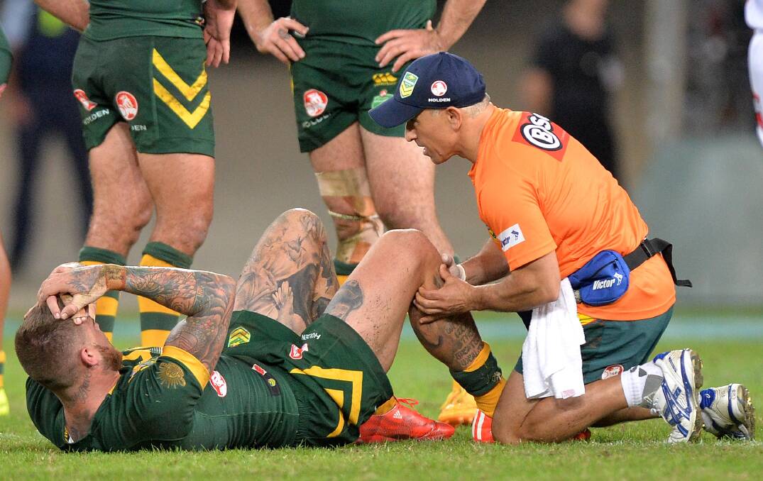 Josh Dugan picked up a leg injury during the Kangaroos' loss to New Zealand on Sunday. Picture: GETTY IMAGES