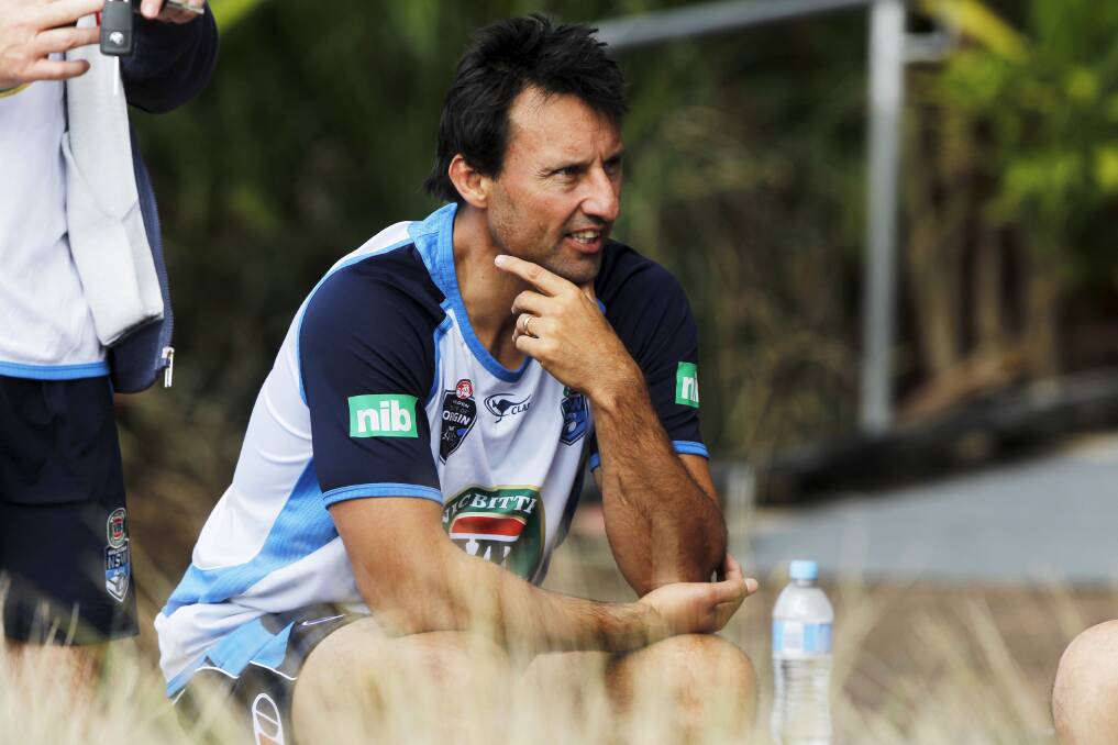 Laurie Daley at training with the Blues team in Coffs Harbour. Picture: JAMES BRICKWOOD