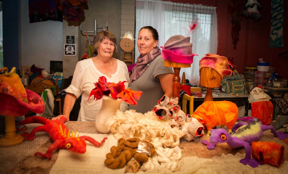 Barbara Wyles and her daughter Melinda Binkins are entering some of their spinning and weaving work in this year's Sydney Royal Easter Show. Picture: ALBEY BOND