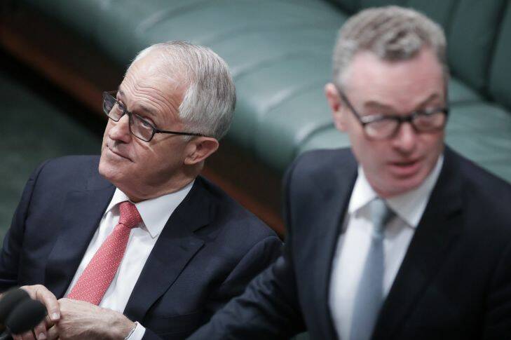 Prime Minister Malcolm Turnbull and Minister for Defence Industry and Leader of the House Christopher Pyne during a motion for a proposed citizenship register, in the House of Representatives in Canberra on Monday 4 December 2017. fedpol Photo: Alex Ellinghausen