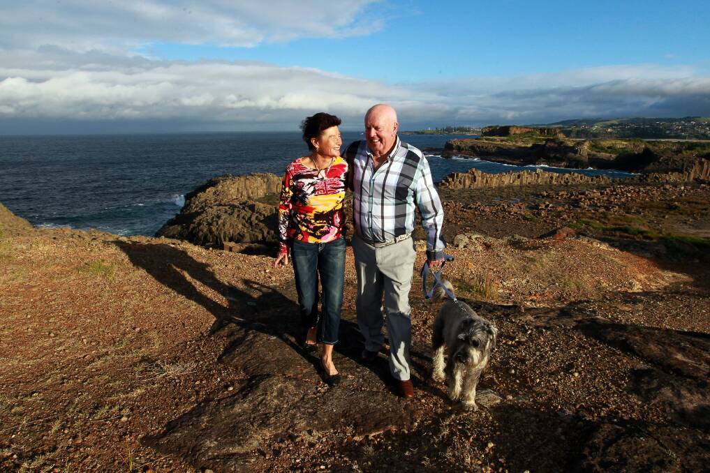 Councillor Warren Steel with his wife, Sandra, and dog Jazz at Bombo Quarry. Picture: SYLVIA LIBER