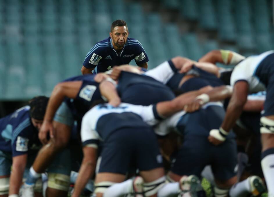 Ill-fated: Former Tigers star Benji Marshall playing for the Auckland Blues Super Rugby club. Picture: ANTHONY JOHNSON