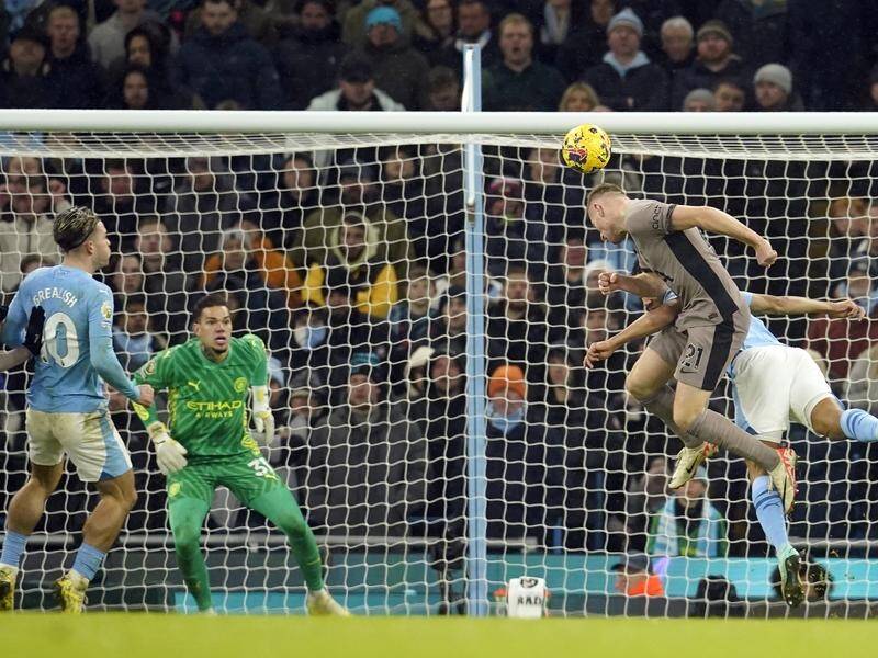 Tottenham's Dejan Kulusevski scores a late, late equaliser in the 3-3 draw at Man City. (AP PHOTO)