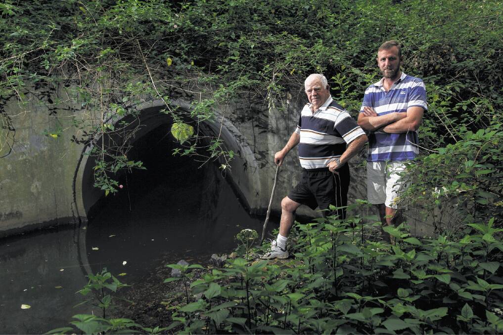 Les Herbert, left, and Peter Hamilton with the railway line culvert. Picture: CHRISTOPHER CHAN