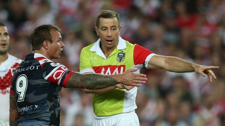 In the spotlight: Jake Friend speaks to referee Ben Cummins during Monday's clash. Photo: Getty Images 