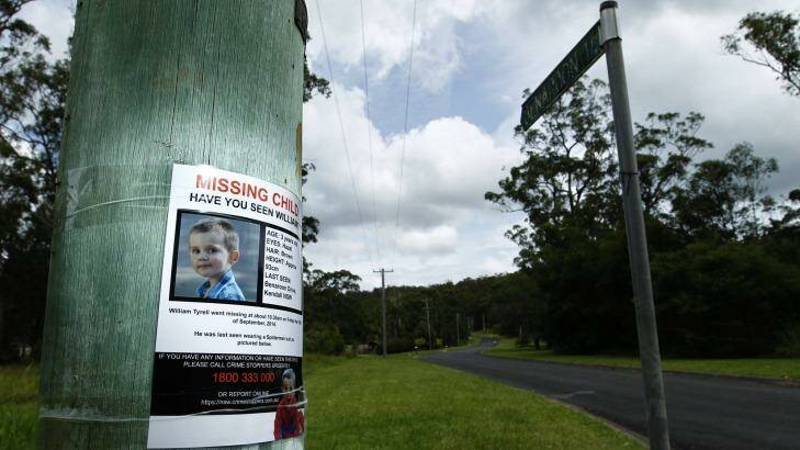 A poster on a telegraph pole at the start of Benaroon Drive, Kendall asking for information about missing toddler William Tyrrell. Photo: Max Mason Hubers