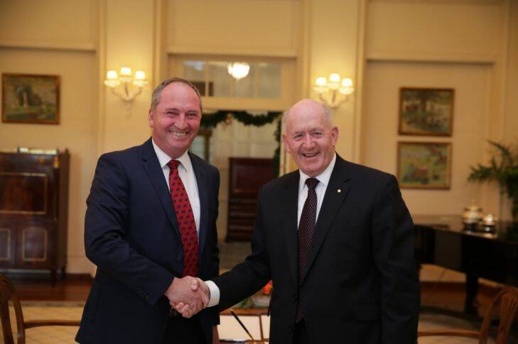 Barnaby Joyce is sworn in as Deputy Prime Minister by Governor-General Sir Peter Cosgrove at Government House in Canberra on Tuesday 5 December 2017. fedpol Photo: Alex Ellinghausen