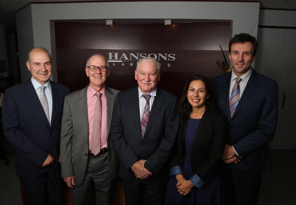 Partners: Kerry Kyriakoudes, Jeff David, Tom Sherley, Anna Masi and Peter Bahlman at the new merged Hansons Lawyers in Wollongong. Picture: GREG ELLIS