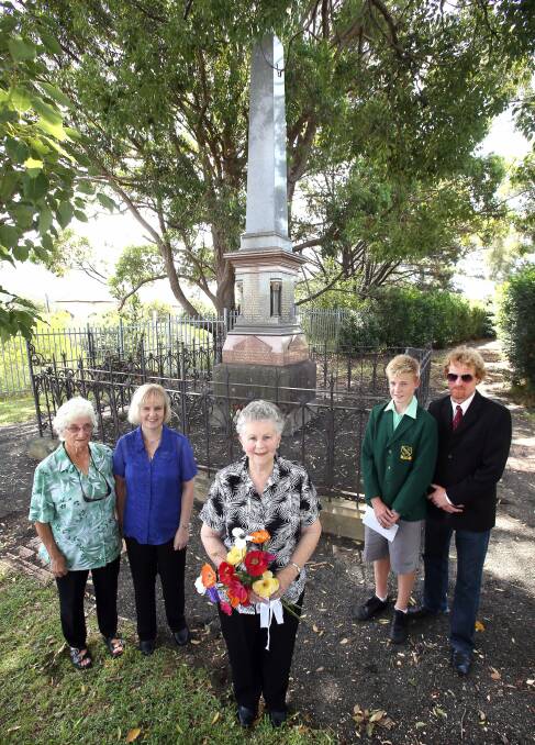 Descendants of miners who died in the Bulli mine disaster Edith Robertson, Linden Conkey, Dorothy Conkey, Jacob Keene and James Stewart Keene gather for a ceremony to remember the 1887 tragedy that cost 81 lives. Picture: KIRK GILMOUR