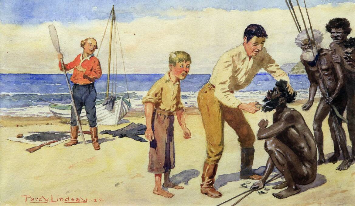 Percy Lindsay’s 1925 watercolour of the story While the Powder Dried, which was used to illustrate the story of how Bass and Flinders diverted  the attention of Aboriginals at Lake Illawarra by cutting their hair.
