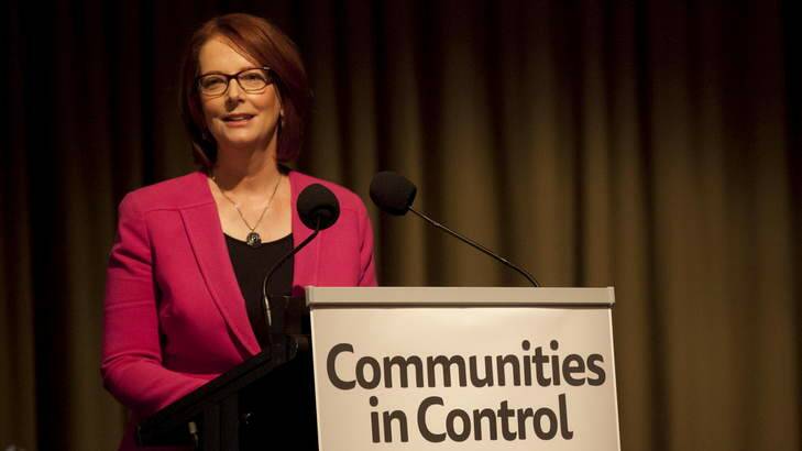 Former Prime Minister Julia Gillard delivers the Joan Kirner Justice Oration at the Communities in Control conference. Photo: Arsineh Houspian