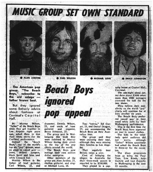 An Illawarra Mercury news clipping from April 1970, detailing the Beach Boys’ gigs in Corrimal.