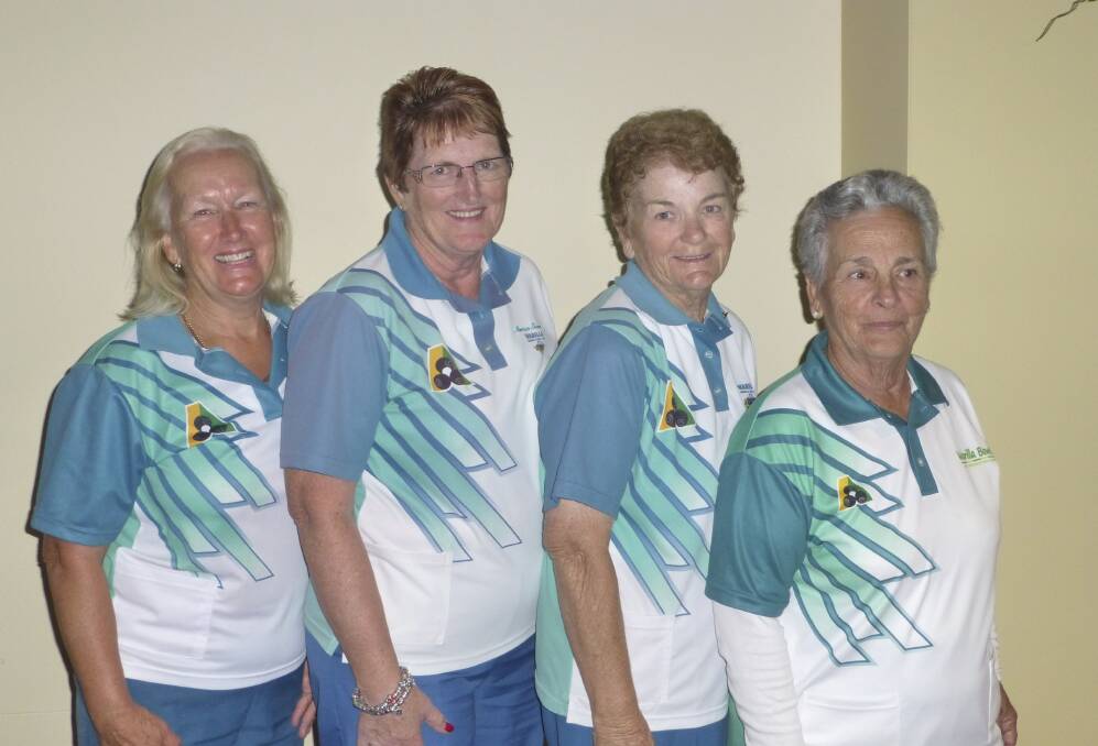 Warilla's (left to right) Lorraine Alaban, Marion Skinner, Trish Orgill and Julea Morgan beat Goulburn Railway in the Senior Fours regional playoff at the indoor facility at Warilla Bowling Club.