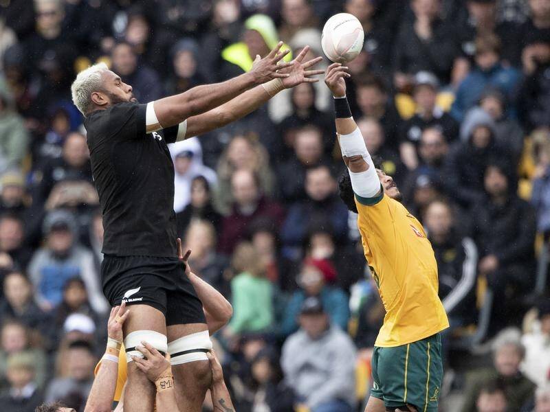All Blacks' Patrick Tuipulotu and Wallabies back-rower Pete Samu compete in a Bledisloe Cup lineout.
