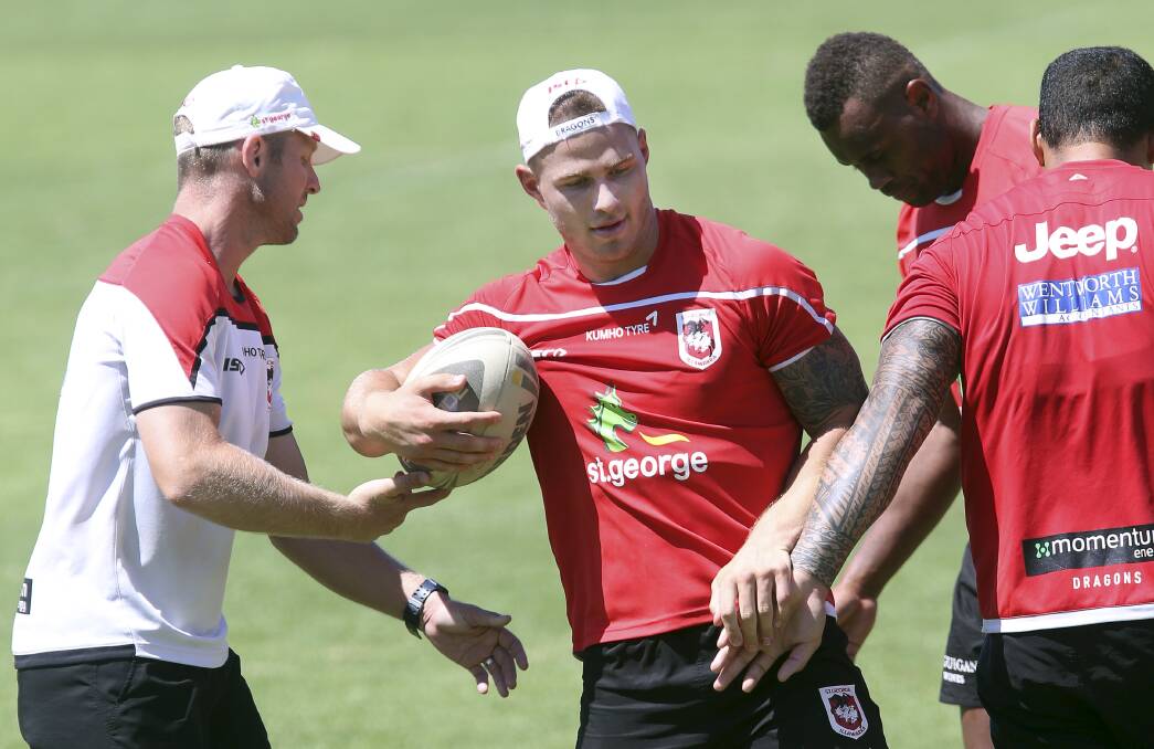 Euan Aitken runs drills at Dragons training in Wollongong recently. Picture: KIRK GILMOUR