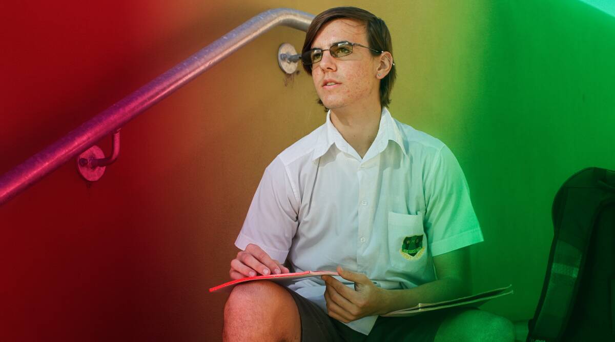 Not-so tickled pink: Wollongong High School's year 12 student Brayden Kennedy is worried his dyslexia will affect his HSC results if the Board of Studies does not let him use coloured paper. Picture: CHRISTOPHER CHAN