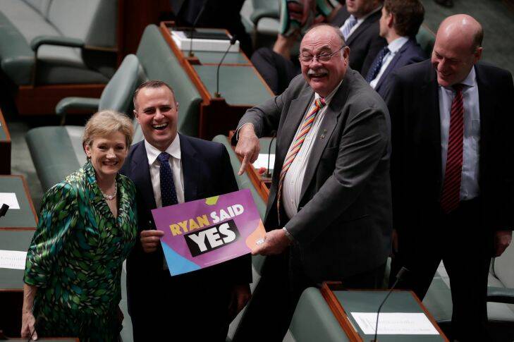 Liberal MPs Jane Prentice, Tim Wilson and Warren Entsch hold up a sign saying "Ryan Said Yes" in reference to Tim Wilson's proposal to his partner Ryan Bolger earlier in the week, in the House of Representatives  at Parliament House in Canberra on  Wednesday 6 December 2017. fedpol Photo: Alex Ellinghausen