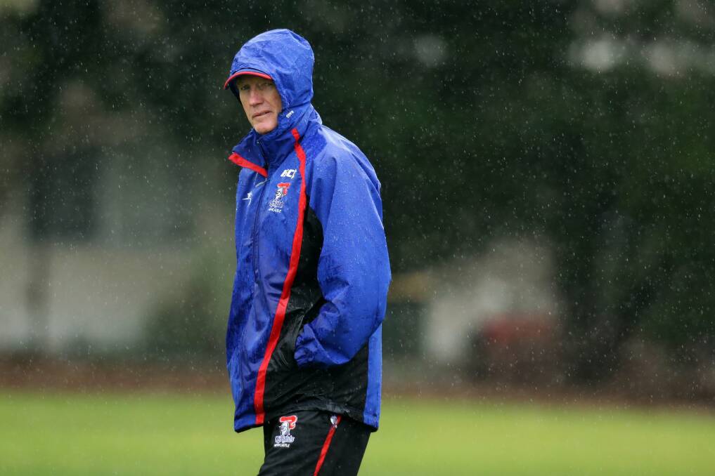 Wayne Bennett runs a Knights training session. He leaves the club in eight weeks. Picture: JONATHAN CARROLL