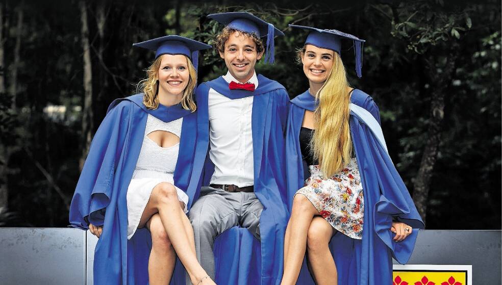 Phoebe Bell, Joe Garcia and Liga Walters at the UOW graduation morning session. Picture: ROBERT PEET