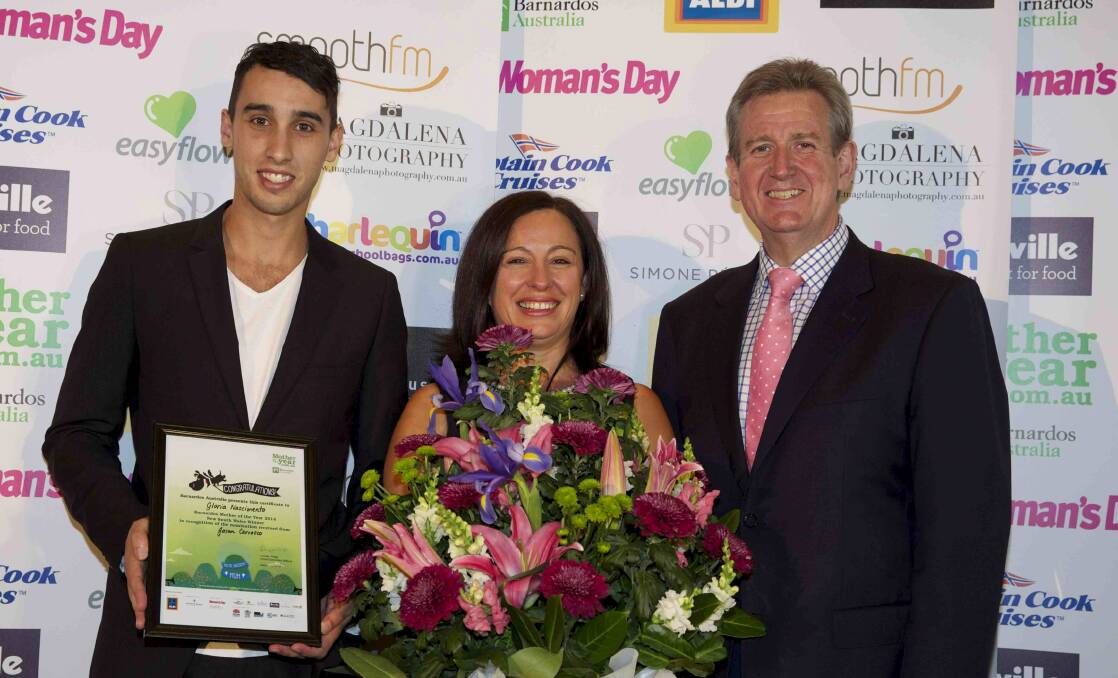 NSW Barnardos Mother of the Year Gloria Nascimento with NSW Premier Barry O'Farrell and Jason Carrasco, who nominated Gloria.