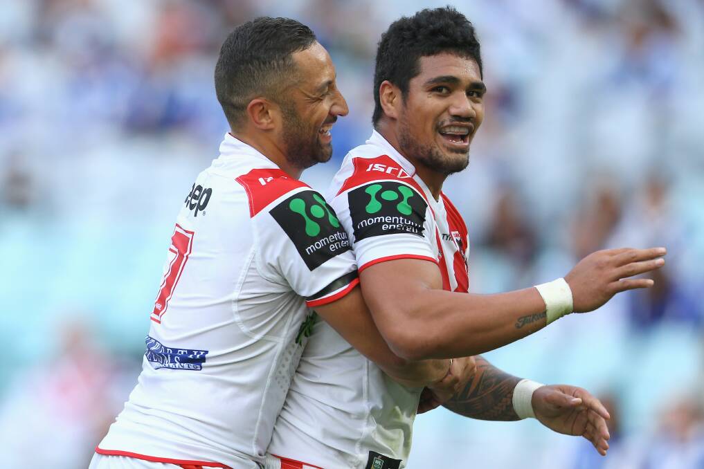 Benji Marshall joins an elated Peter Mata'utia in celebrating his try against the Bulldogs in round six. Picture: GETTY IMAGES