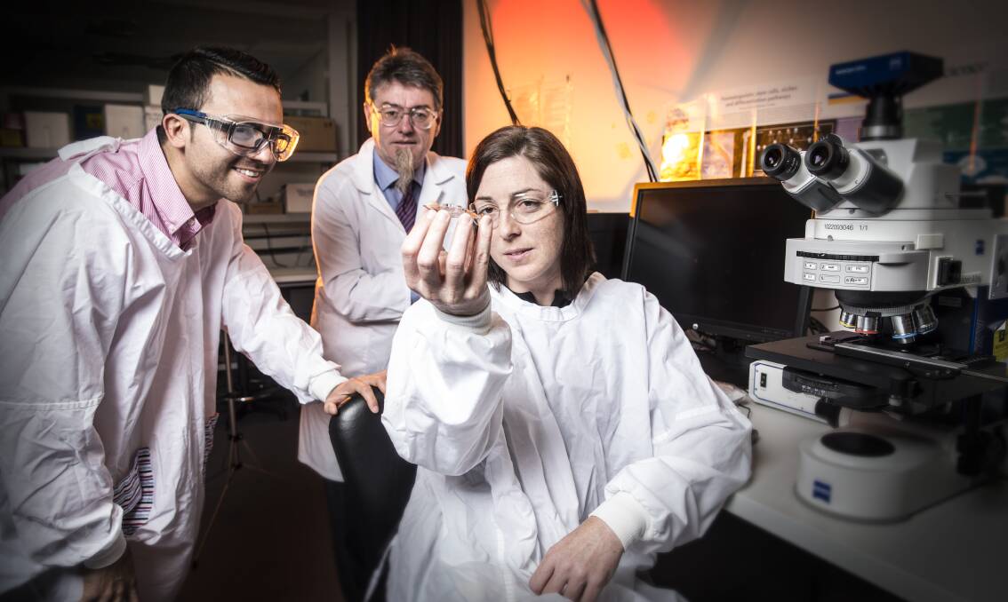 Dedicated: University of Wollongong researchers Rodrigo Lozano, Professor Gordon Wallace and Dr Elise Stewart look at some of the matter they have 3D printed.Picture: PAUL JONES