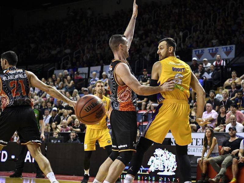 Andrew Bogut (r) bagged 10 points and 15 rebounds in Sydney's 83-68 NBL win over Illawarra.
