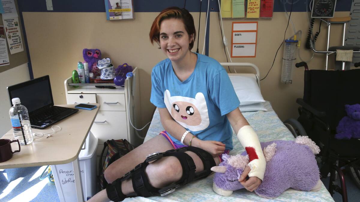 Emma Regan, 17, from Corrimal is laid up in Coledale Hospital after a motorbike crash in the Royal National Park last month. Picture: KIRK GILMOUR