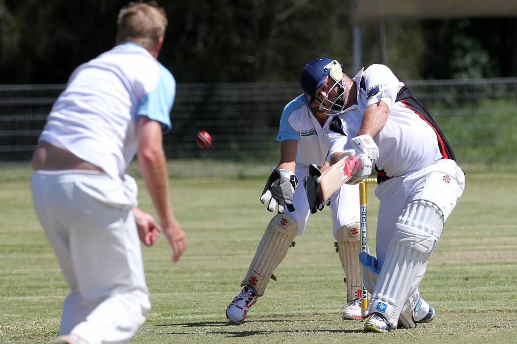 Col Yeaman goes on the attack for The Rail in the first grade clash against Oak Flats. Yeaman made 34, with leaders The Rail in control after claiming first innings points on day one. Picture: GREG TOTMAN
