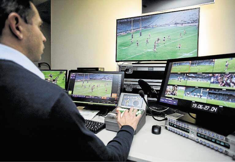 NRL video referee Bernard Sutton in the central command centre at ANZ Stadium on Monday night. Picture: DOMINIC LORRIMER