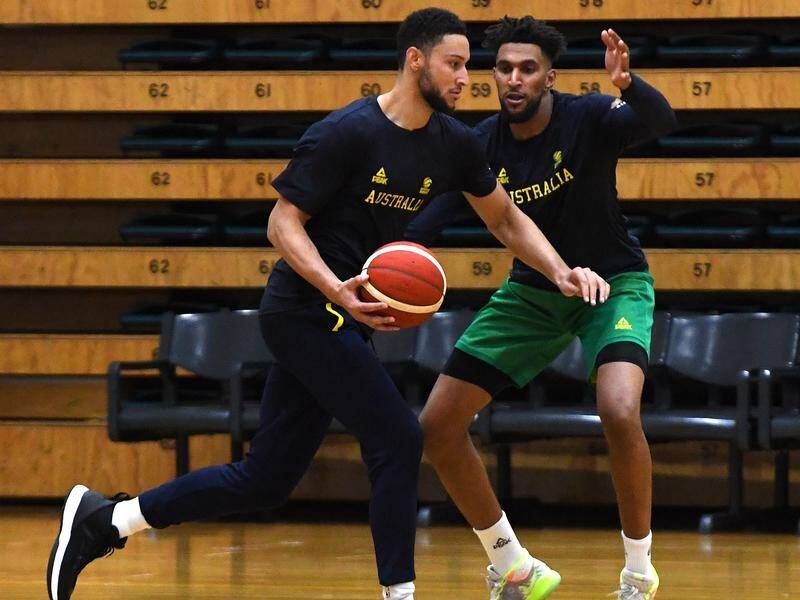 Philadelphia teammates Ben Simmons (L) and Jonah Bolden at Boomers training in Melbourne.