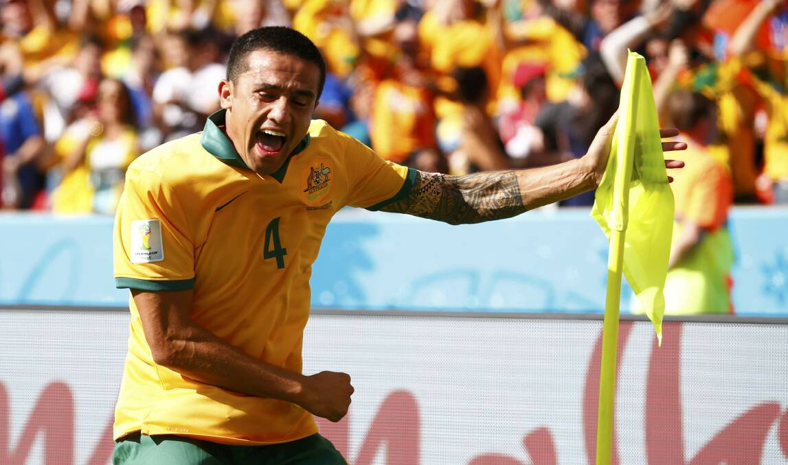 Tim Cahill celebrates after scoring against the Netherlands at this year's World Cup in Brazil. Picture: REUTERS
