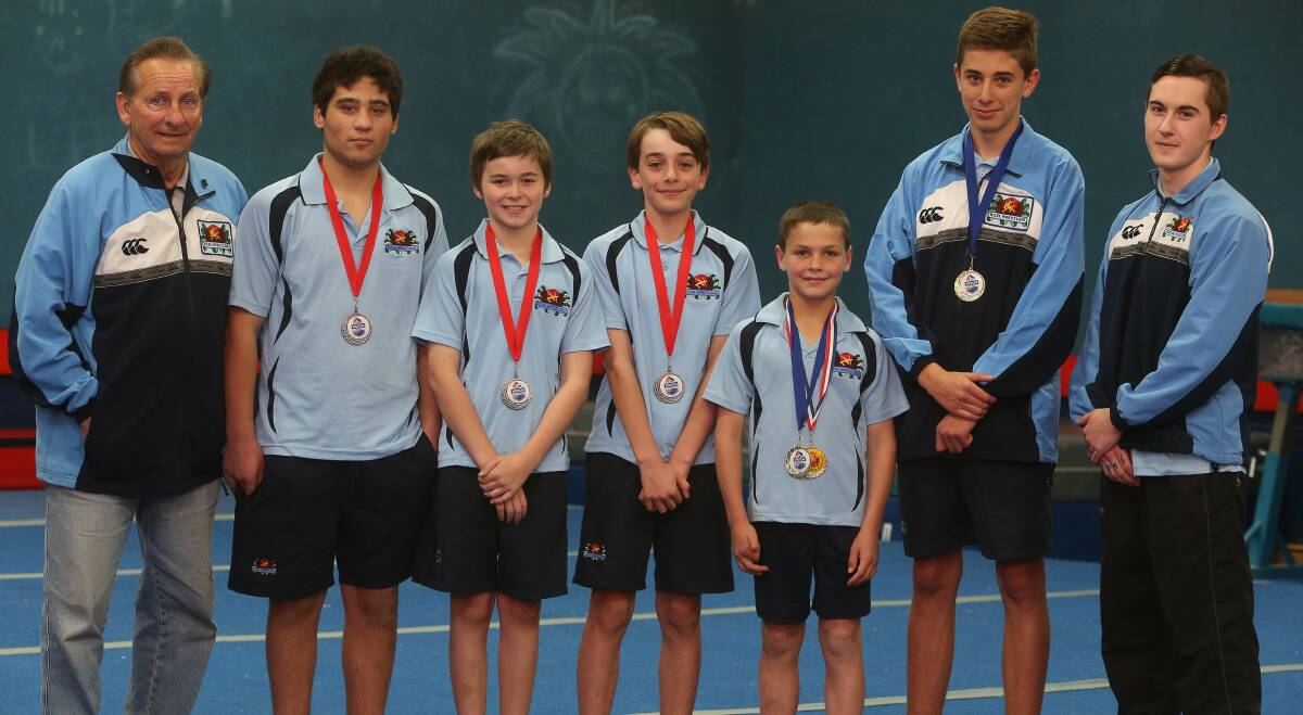 Coach Don Brown (left), Michael Constantinou, Isaac Samaras, Kai Brown, Chisholm Brown, Sean Keating and assistant coach Cory Keating at the national championships. Picture: ROBERT PEET