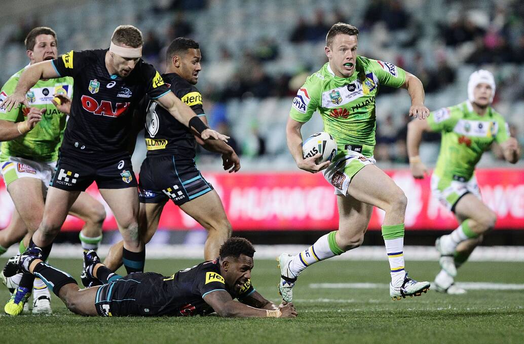 Sam Williams breaks through the Panthers defence to score for Canberra at GIO Stadium on Monday night. Picture: GETTY IMAGES