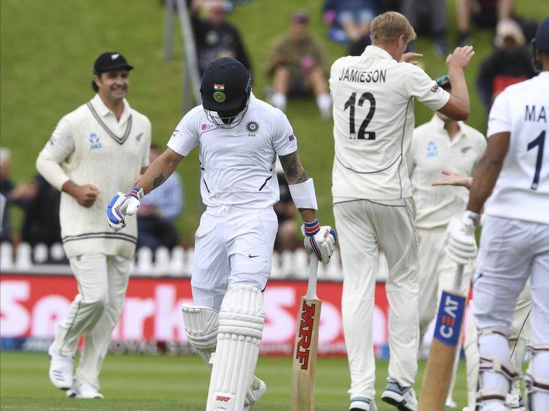 Test debutant Kyle Jamieson celebrates the wicket of Indian captain Virat Kohli with his teammates.