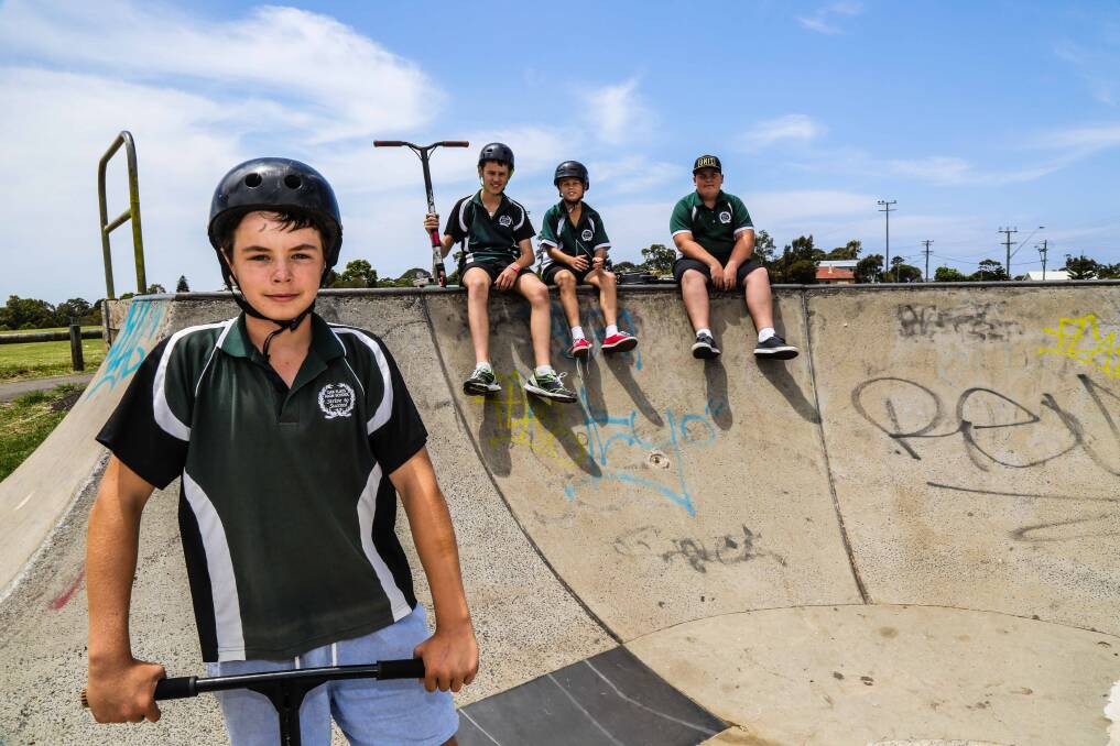 Oak Flats High School student Damien Hill welcomes the plans as he regularly hits the Shellharbour Skate Park with Connor Wood, Jake Campbell and Drue Walsh. Picture: GEORGIA MATTS
