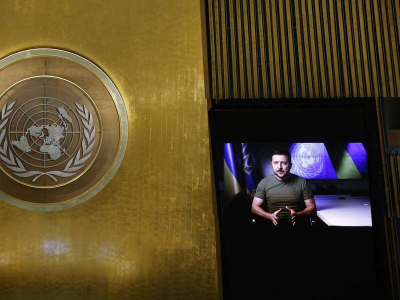 Ukrainian President Volodymyr Zelenskiy has addressed the United Nations General Assembly by video. (AP PHOTO)