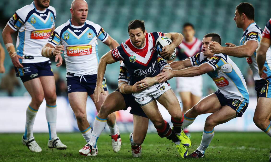 Rooster Anthony Minichiello during Monday night’s win, with a near-empty bay of grandstand seats in the background.  Picture: GETTY IMAGES