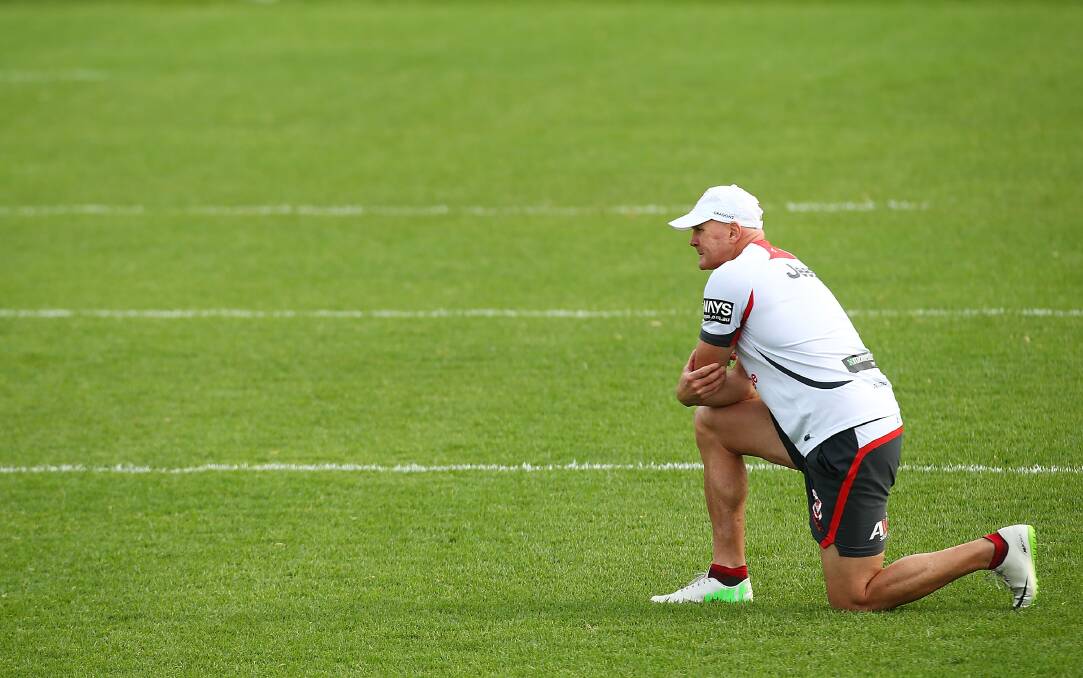 Caretaker coach Paul McGregor keeps an eye on his players at training. Picture: GETTY IMAGES